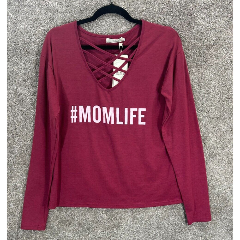 Baluoke‎ Top Womens Large Hot Pink #MomLife Criss Cross Neckline Blouse Mom Life